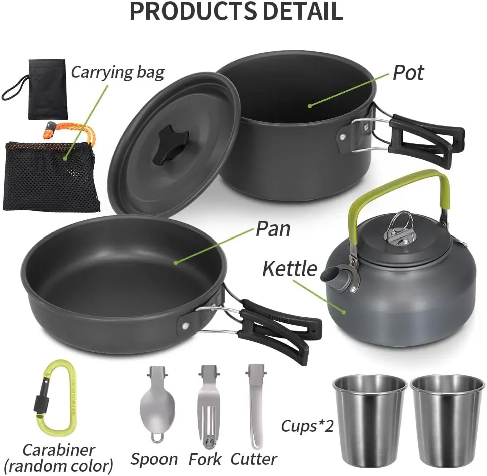 Lixada 10pcs Camping Cookware Mess Kit, Non-Stick Lightweight Pot Pan Kettle Set with Cups Spoon Fork Knife, Compact Camping Cooking Set Portable Backpacking Outdoor Cookware for Hiking Picnic
