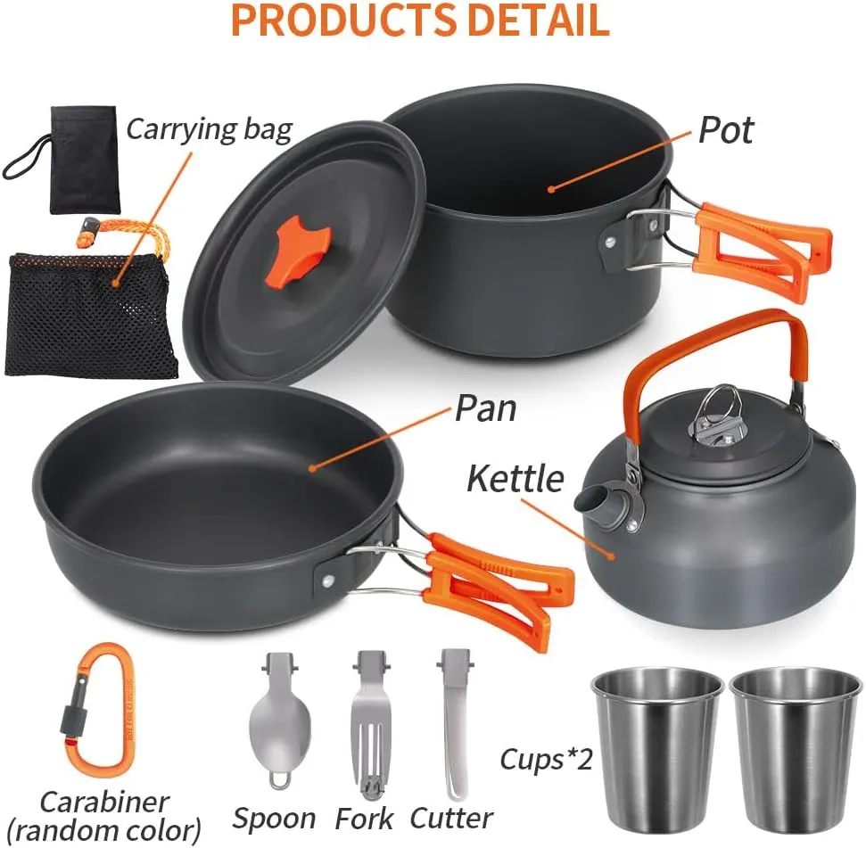Lixada 10pcs Camping Cookware Mess Kit, Non-Stick Lightweight Pot Pan Kettle Set with Cups Spoon Fork Knife, Compact Camping Cooking Set Portable Backpacking Outdoor Cookware for Hiking Picnic