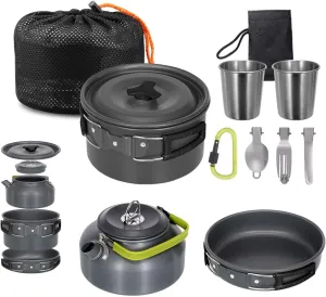 Lixada 10pcs Camping Cookware Mess Kit, Non-Stick Lightweight Pot Pan Kettle Set with Cups Spoon Fork Knife, Compact Camping Cooking Set Portable Backpacking Outdoor Cookware for Hiking Picnic