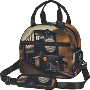 locomotive Print Lunch Bag Tote Reusable Lunch Box Container with Shoulder Strap Work Picnic Adult