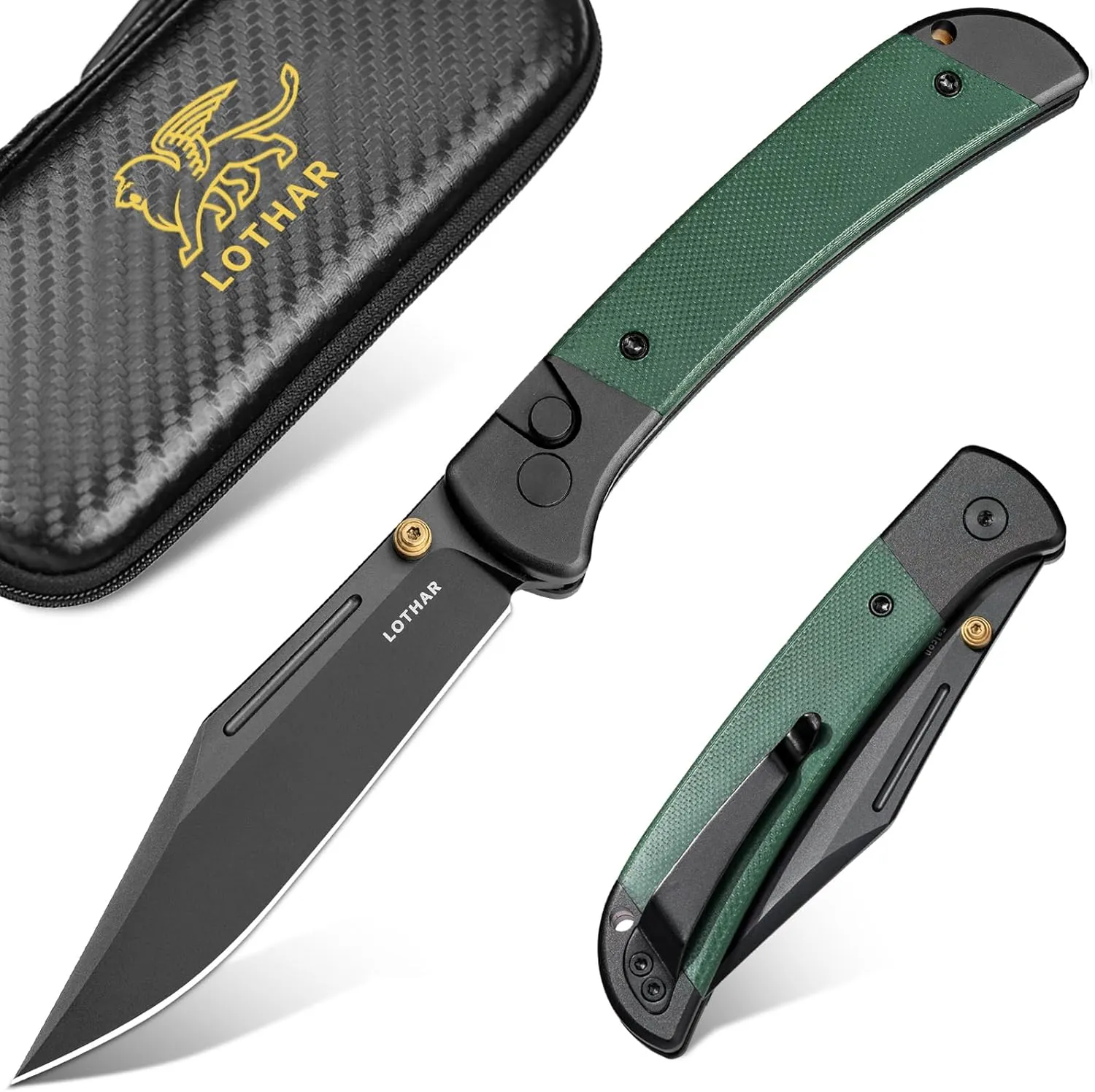 LOTHAR Falcon Pocket Knife, 3.43" 14C28N Steel Blade EDC Knife, G10 Handle, Pocket Folding Knife with Clip, Button Lock, Gifts for Men Women (Dark Green)