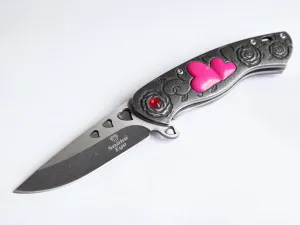 Love Is Love Pocket Knife Goth Chick Pink Hearts Girly Cutesy Demure Folding Blade Sharp Tactical Belt Clip Gothic