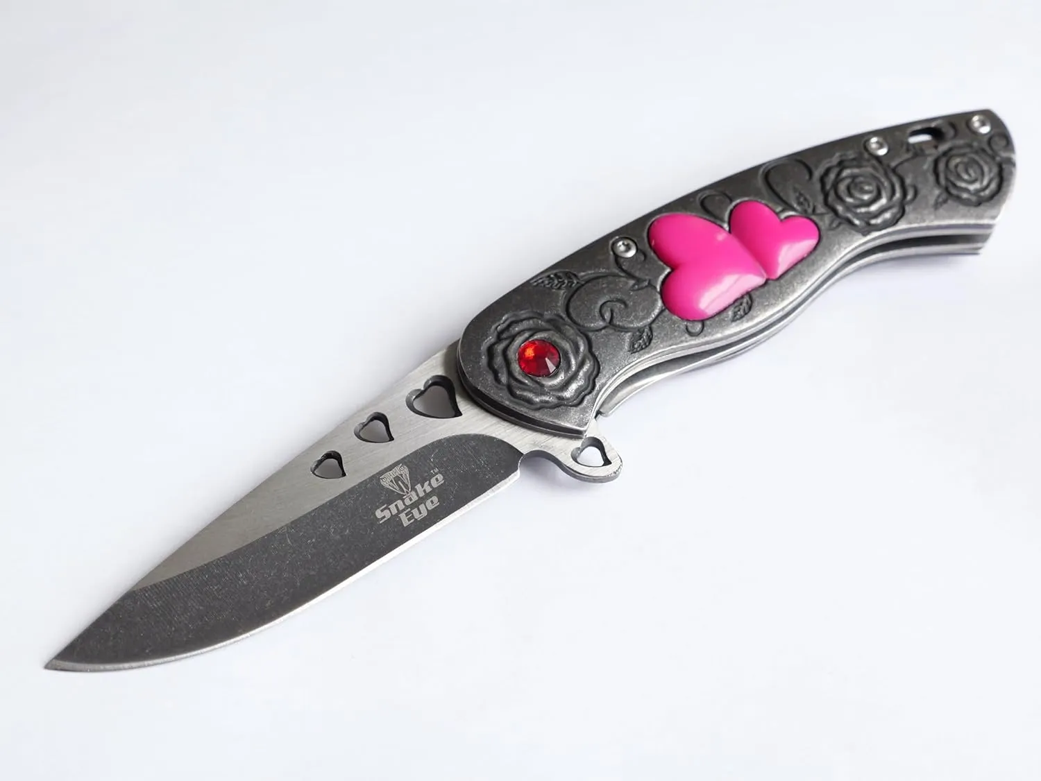 Love Is Love Pocket Knife Goth Chick Pink Hearts Girly Cutesy Demure Folding Blade Sharp Tactical Belt Clip Gothic