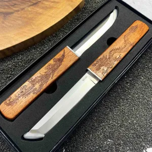 M390 Dragon/Phoenixs Tactical Knife,Small 2 In 1 Stainless Steel Outdoor Camping Portable Fruit Knife 2PCS (wood)