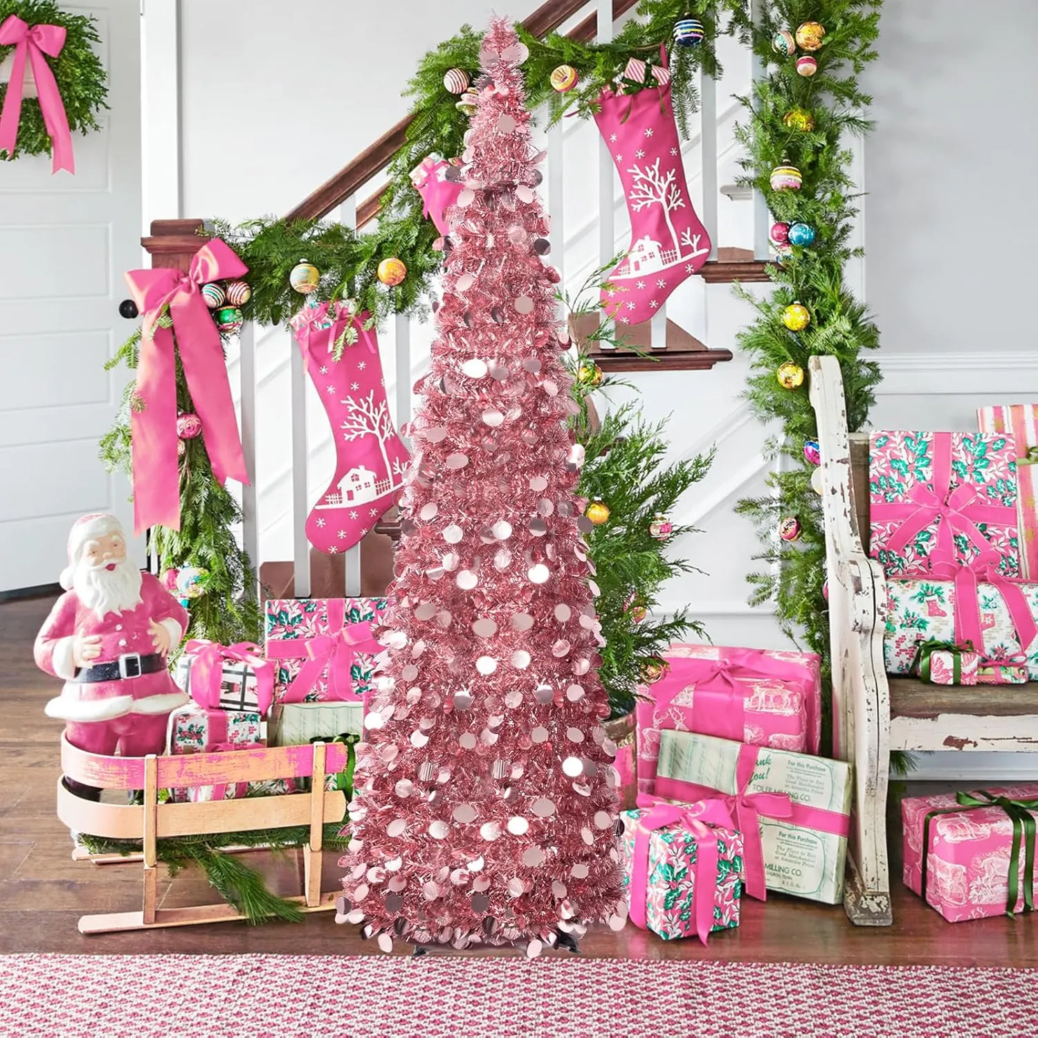 MACTING 5FT Pop Up Christmas Tree with 50 LED Lights Collapsible Easy-Assembly Lighted Tinsel Pencil Tree for Porch Apartment Corner Home Party Indoor Outdoor Xmas Mothers Day Decor(Rose Gold)