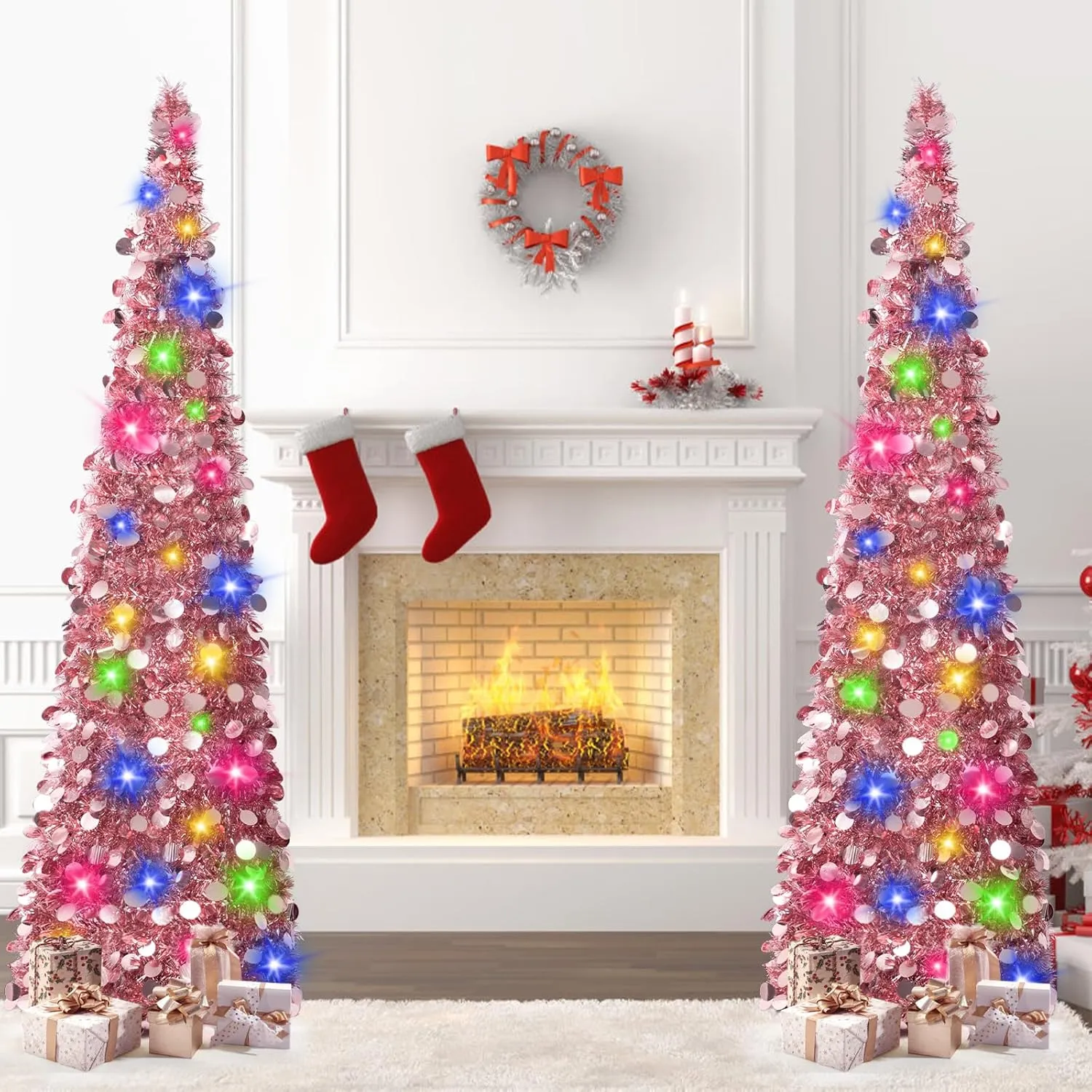 MACTING 5FT Pop Up Christmas Tree with 50 LED Lights Collapsible Easy-Assembly Lighted Tinsel Pencil Tree for Porch Apartment Corner Home Party Indoor Outdoor Xmas Mothers Day Decor(Rose Gold)