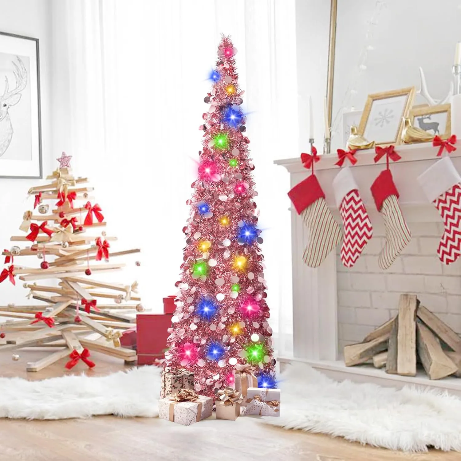 MACTING 5FT Pop Up Christmas Tree with 50 LED Lights Collapsible Easy-Assembly Lighted Tinsel Pencil Tree for Porch Apartment Corner Home Party Indoor Outdoor Xmas Mothers Day Decor(Rose Gold)