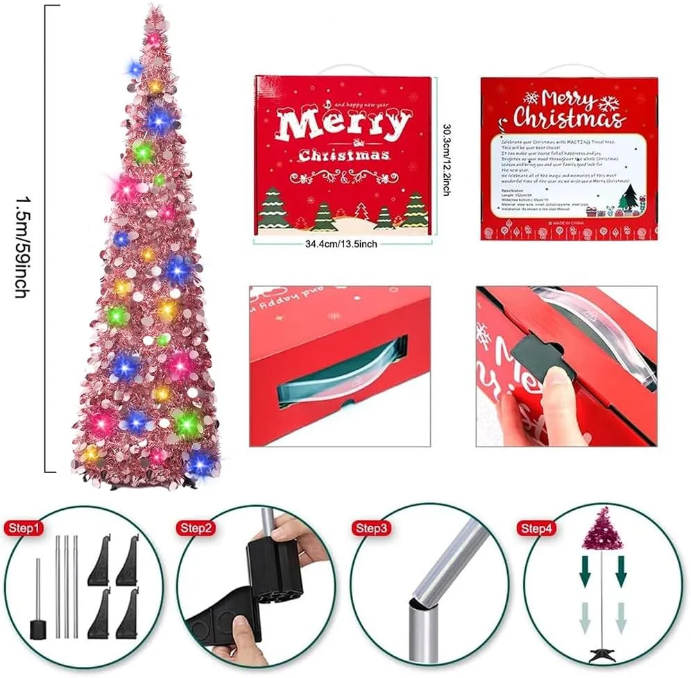 MACTING 5FT Pop Up Christmas Tree with 50 LED Lights Collapsible Easy-Assembly Lighted Tinsel Pencil Tree for Porch Apartment Corner Home Party Indoor Outdoor Xmas Mothers Day Decor(Rose Gold)