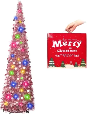 MACTING 5FT Pop Up Christmas Tree with 50 LED Lights Collapsible Easy-Assembly Lighted Tinsel Pencil Tree for Porch Apartment Corner Home Party Indoor Outdoor Xmas Mothers Day Decor(Rose Gold)