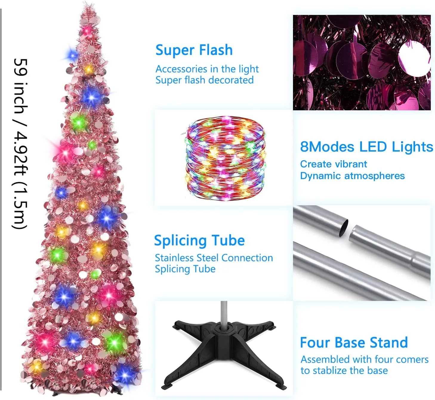 MACTING 5FT Pop Up Christmas Tree with 50 LED Lights Collapsible Easy-Assembly Lighted Tinsel Pencil Tree for Porch Apartment Corner Home Party Indoor Outdoor Xmas Mothers Day Decor(Rose Gold)