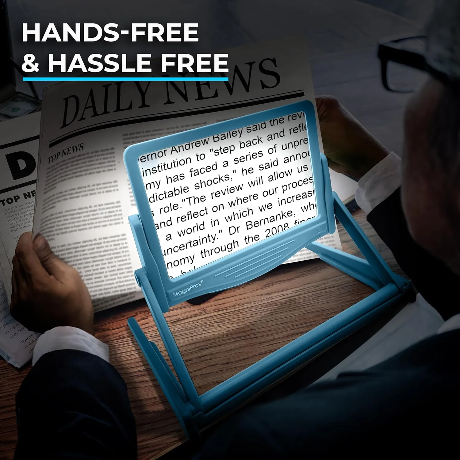 MagniPros 5X Large LED Hands-Free Full Page Magnifying Glass with Detachable Stand & 3 Color Light Modes to Reduce Eye Strain, Ideal for Reading Small Prints, Crafting, Low Vision & Seniors