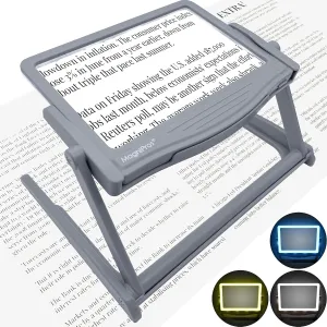 MAGNIPROS 5X LED Page Magnifier with Stand, Hands-Free Reading Magnifying Glass for Seniors & Low Vision | 3 Light Modes for Eye Strain Relief- Perfect for Fine Print, Crafts, and Hobbies