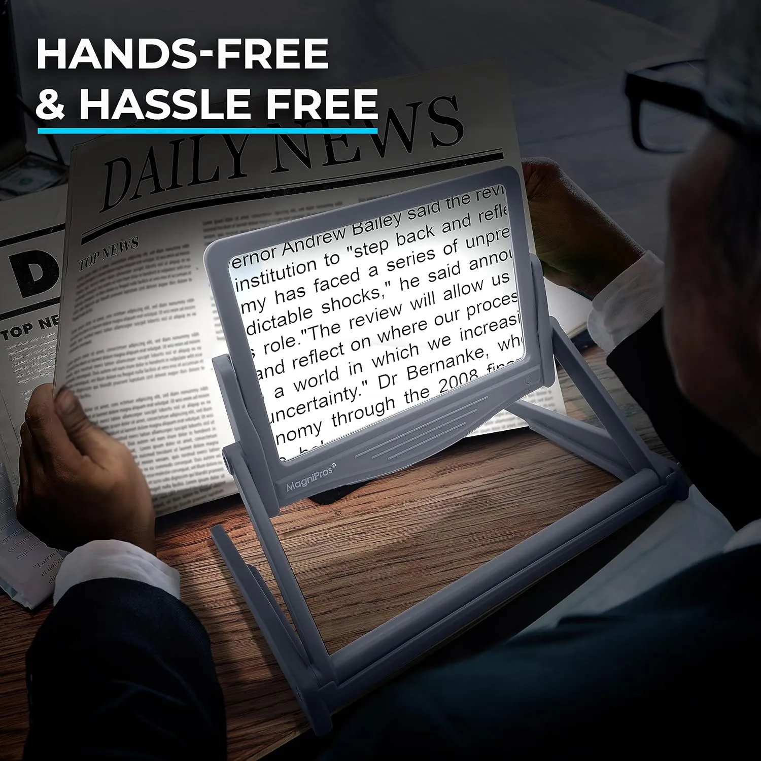 MAGNIPROS Patented 5X Large LED Page Magnifier with Detachable Stand | Eye Caring 3 Color Light Modes & Anti-Glare Lens to Reduce Eye Strain-Ideal for Reading Fine Print, Crafting, Low Vision Seniors