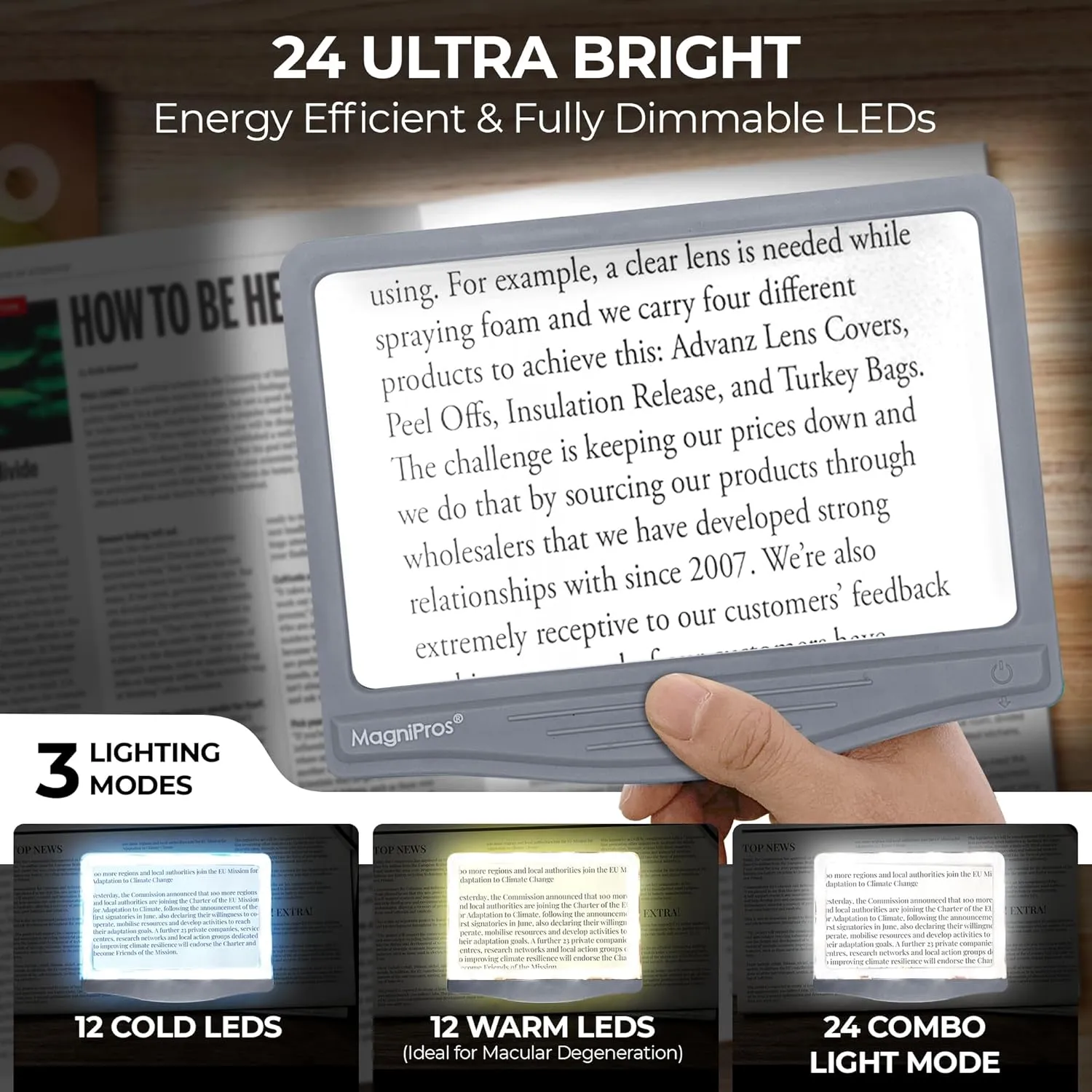 MAGNIPROS Patented 5X Large LED Page Magnifier with Detachable Stand | Eye Caring 3 Color Light Modes & Anti-Glare Lens to Reduce Eye Strain-Ideal for Reading Fine Print, Crafting, Low Vision Seniors