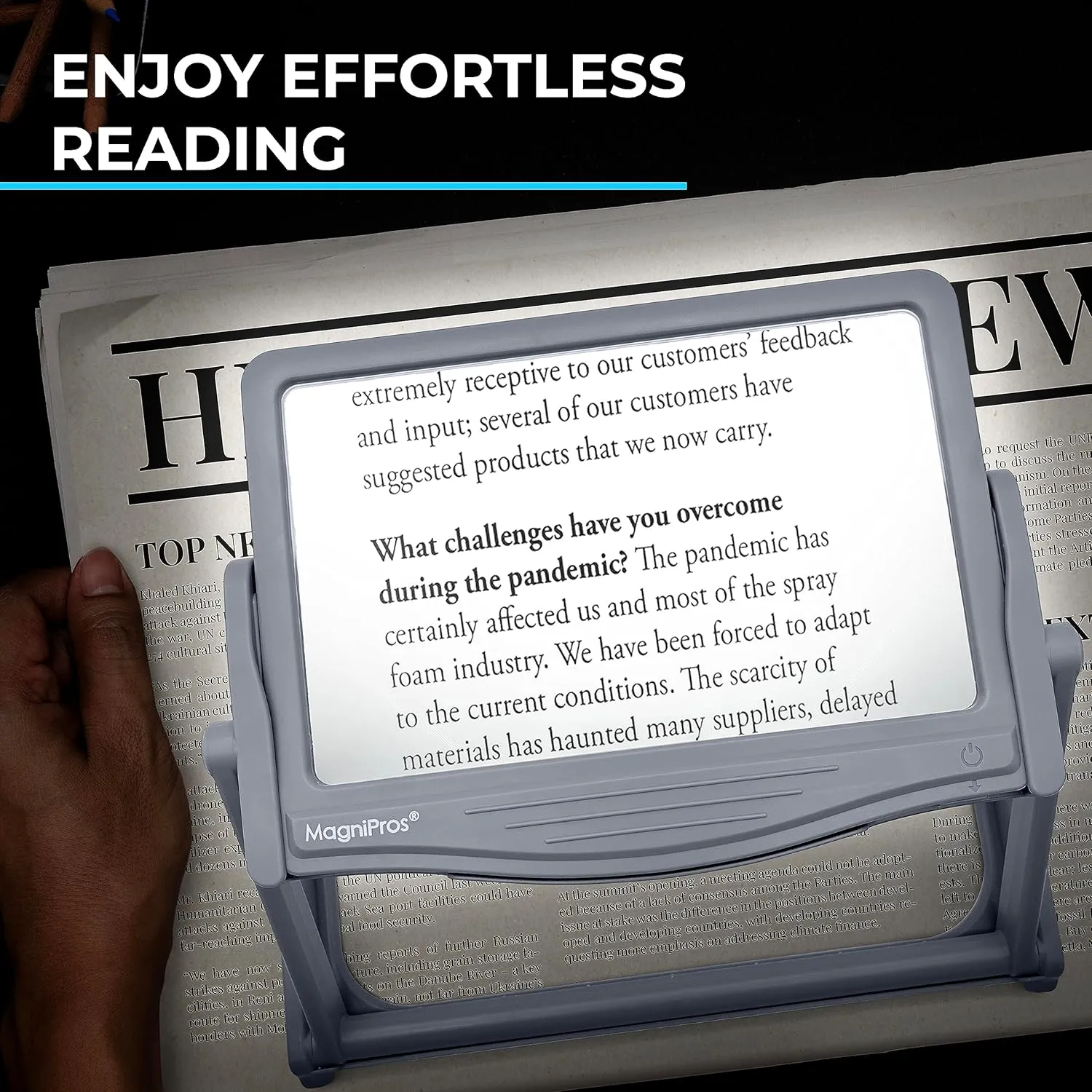 MAGNIPROS Patented 5X Large LED Page Magnifier with Detachable Stand | Eye Caring 3 Color Light Modes & Anti-Glare Lens to Reduce Eye Strain-Ideal for Reading Fine Print, Crafting, Low Vision Seniors