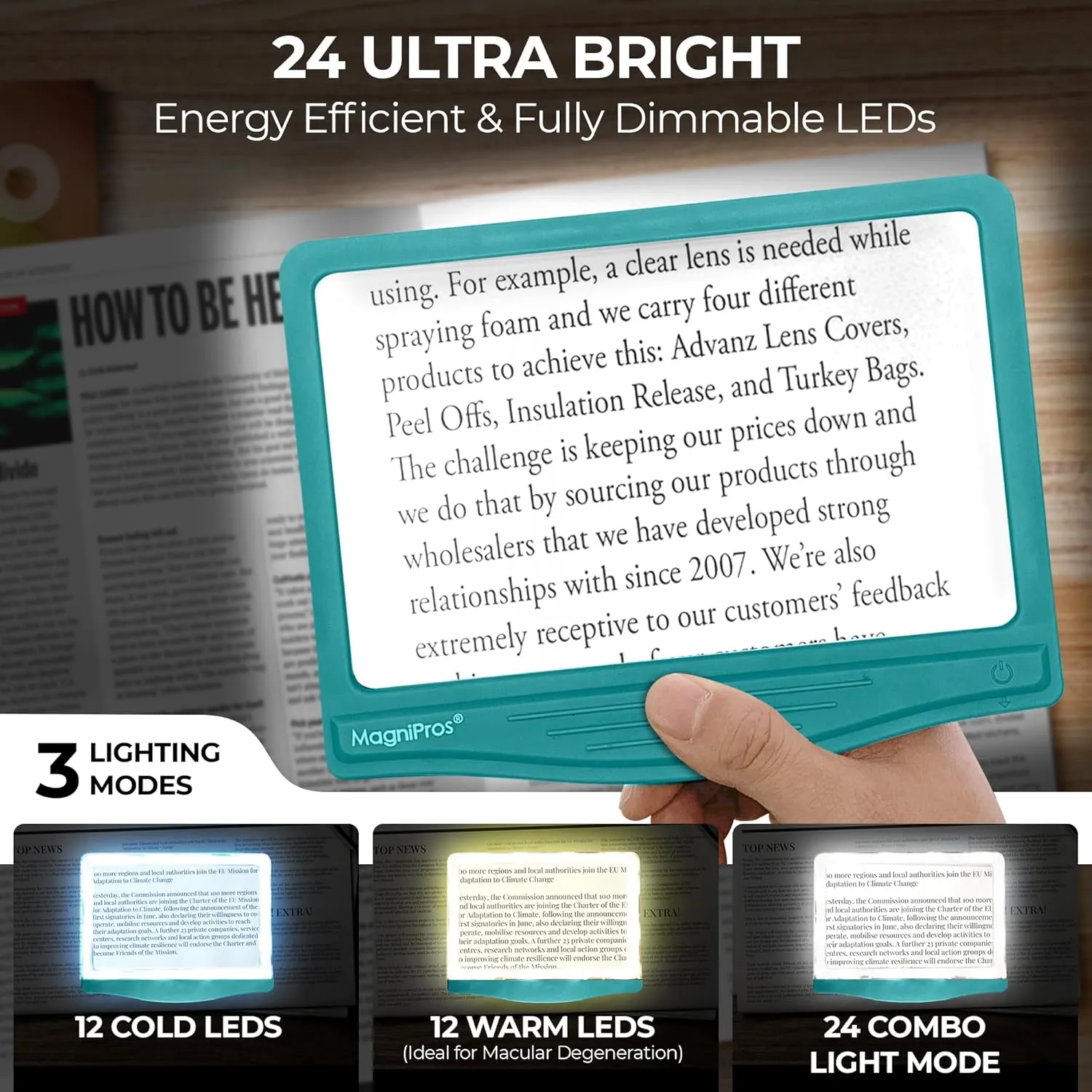 MAGNIPROS Patented 5X Large LED Page Magnifier with Detachable Stand | Eye Caring 3 Color Light Modes & Anti-Glare Lens to Reduce Eye Strain-Ideal for Reading Fine Print, Crafting, Low Vision Seniors