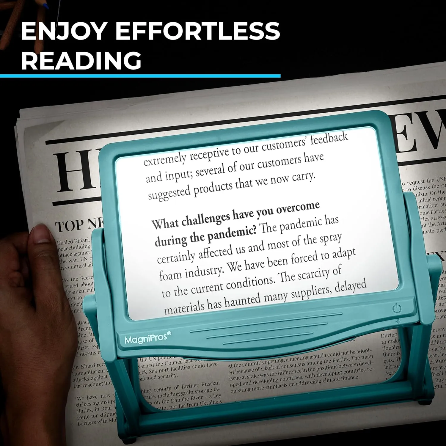 MAGNIPROS Patented 5X Large LED Page Magnifier with Detachable Stand | Eye Caring 3 Color Light Modes & Anti-Glare Lens to Reduce Eye Strain-Ideal for Reading Fine Print, Crafting, Low Vision Seniors