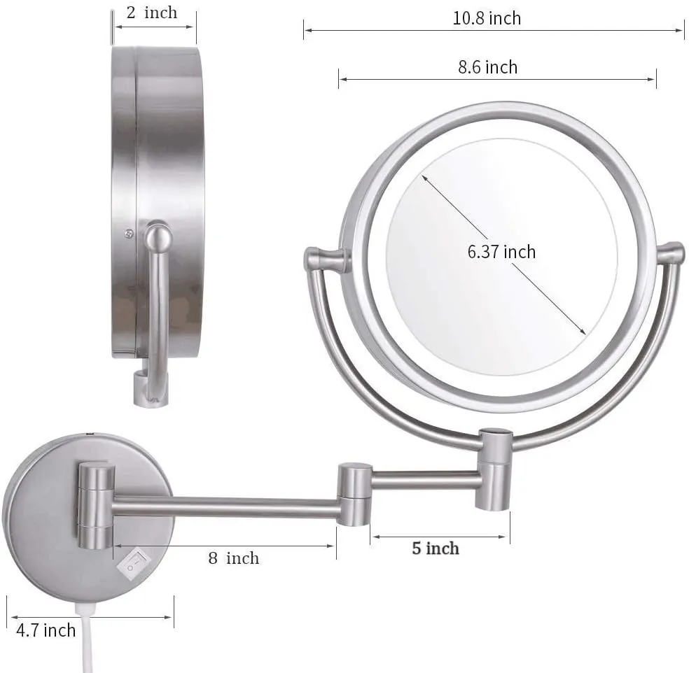 Makeup Mirror 10X, Double-Sided Makeup Mirror 8inch Makeup Mirror with Led Lights, 360 Rotation for Makeup,USB Rechargeable(Chrome)