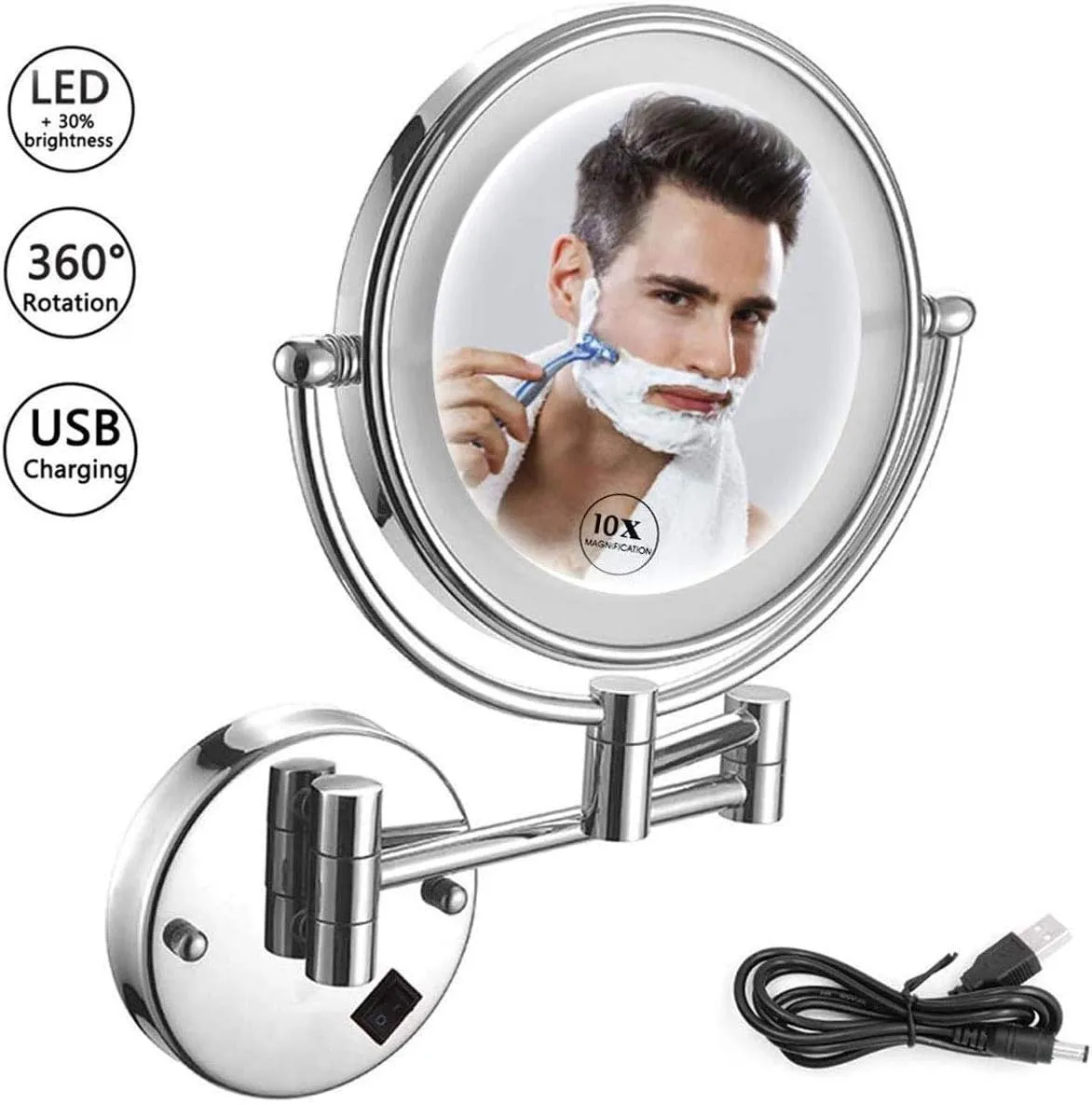 Makeup Mirror 10X, Double-Sided Makeup Mirror 8inch Makeup Mirror with Led Lights, 360 Rotation for Makeup,USB Rechargeable(Chrome)
