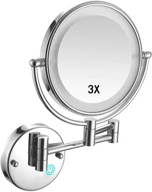 Makeup Mirror Wall Mounted, Cosmetic Mirror with Lights and Magnification 3X, Bathroom Mirror 8inch Round Make Up Mirror 360 Rotation, for Bathroom Hotels USB Rechargeable