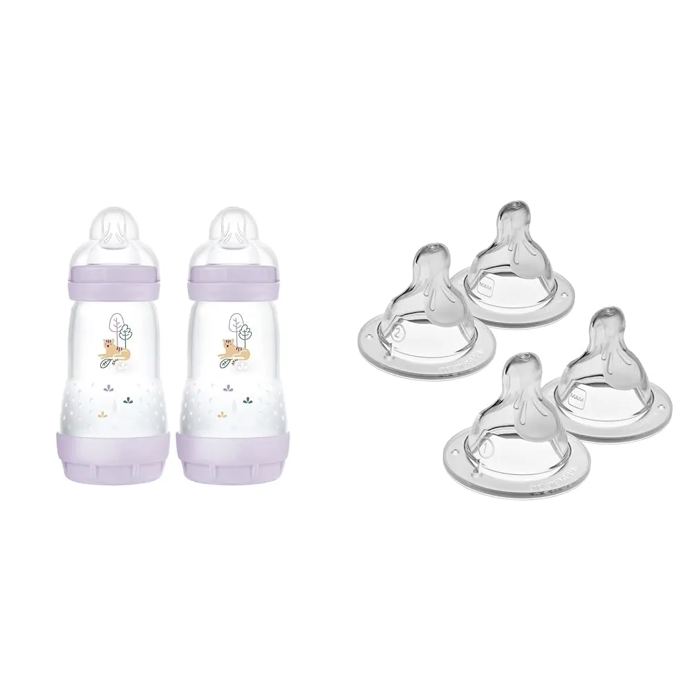 MAM Easy Start Anti-Colic Baby Bottles, 9 oz (2 Count), Medium Flow Nipples & Mixed Flow Nipple Pack for Newborns & Older Babies, Fits All MAM Bottles
