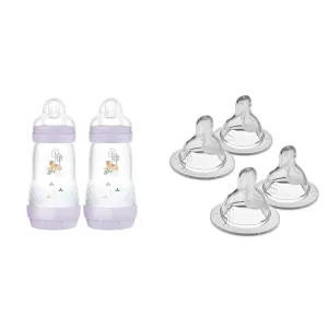 MAM Easy Start Anti-Colic Baby Bottles, 9 oz (2 Count), Medium Flow Nipples & Mixed Flow Nipple Pack for Newborns & Older Babies, Fits All MAM Bottles
