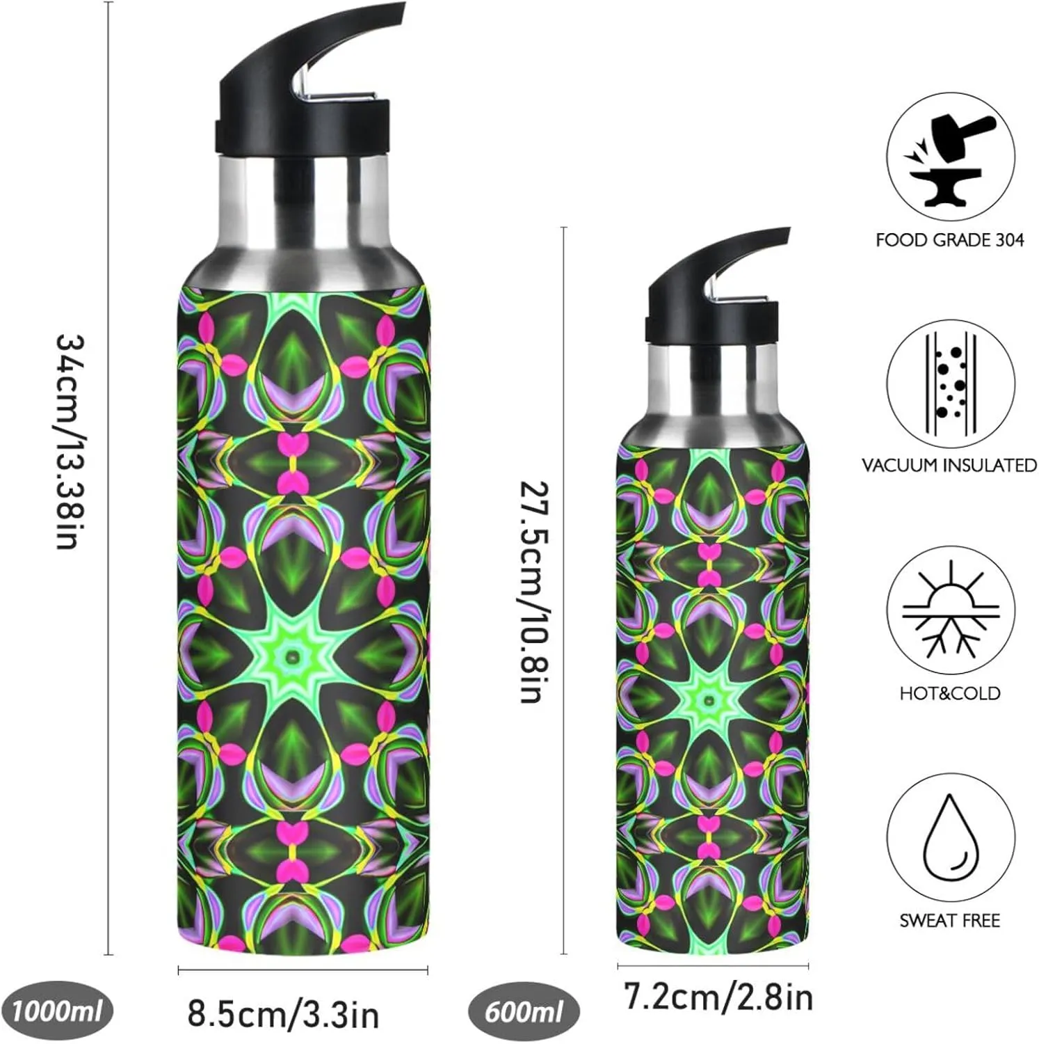 Mandala Design Sports Water Bottle with Straw, 22oz BPA Free Stainless Steel Vacuum Insulated Bottle for Gym Fitness Outdoor
