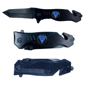 Massachusetts State Police Trooper Collectible Officer 3-in-1 Police Tactical Rescue Knife Tool with Seatbelt Cutter, Steel Serrated Blade, Glass Breaker MSP