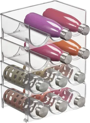 mDesign Plastic Free-Standing Stackable 3 Bottle Storage Holder Rack - Water, Wine, and Drink Organizer Shelf for Kitchen Countertop, Cabinet, Pantry, Fridge, Freezer, 4 Pack - Clear