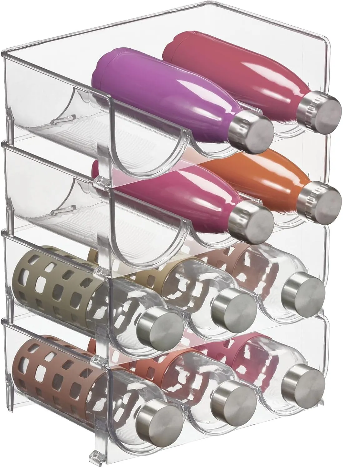 mDesign Plastic Free-Standing Stackable 3 Bottle Storage Holder Rack - Water, Wine, and Drink Organizer Shelf for Kitchen Countertop, Cabinet, Pantry, Fridge, Freezer, 4 Pack - Clear