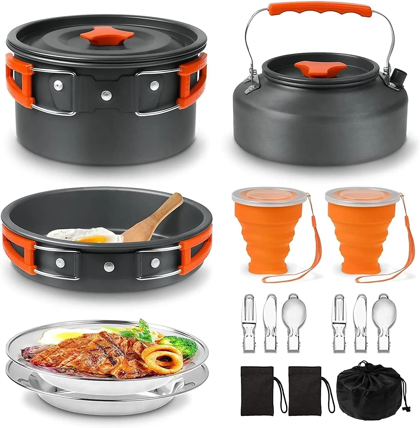 MDybf Camping Cookware Mess Kit with Kettle, Pot, Pan, 2 Plates, 2 Foldable Cups 2 Fork Spoon Kits, 18PCS Outdoor Ultralight Lightweight Camping Cooking Set for Backpacking Hiking Picnic Fishing