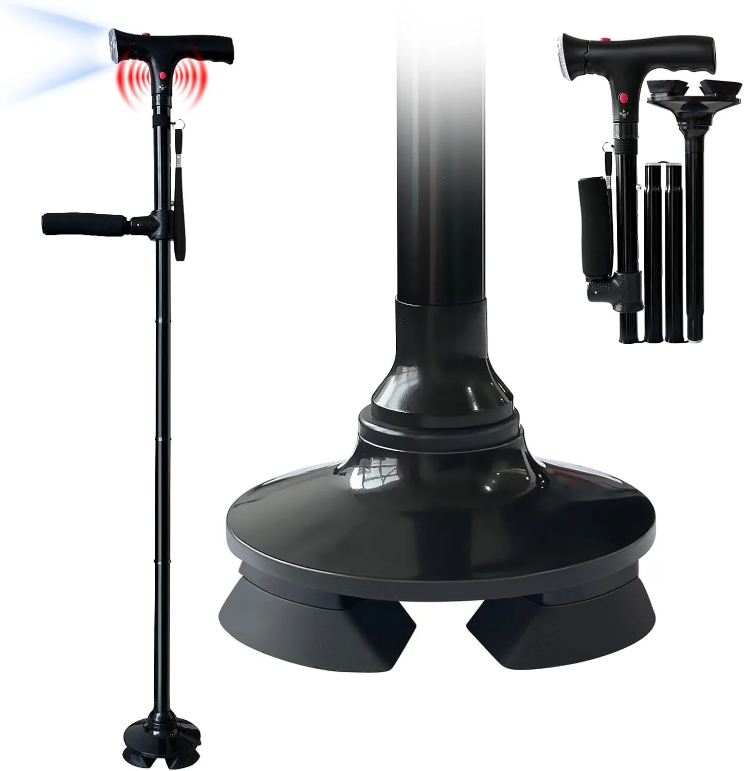 Medicane Foldable Walking Canes with Led Light & Alarm, Adjustable Collapsible Walking Sticks for Women & Men, Heavy Duty All Terrain Tip for Stability | Walking Cane Stick for Seniors & Adults, Black