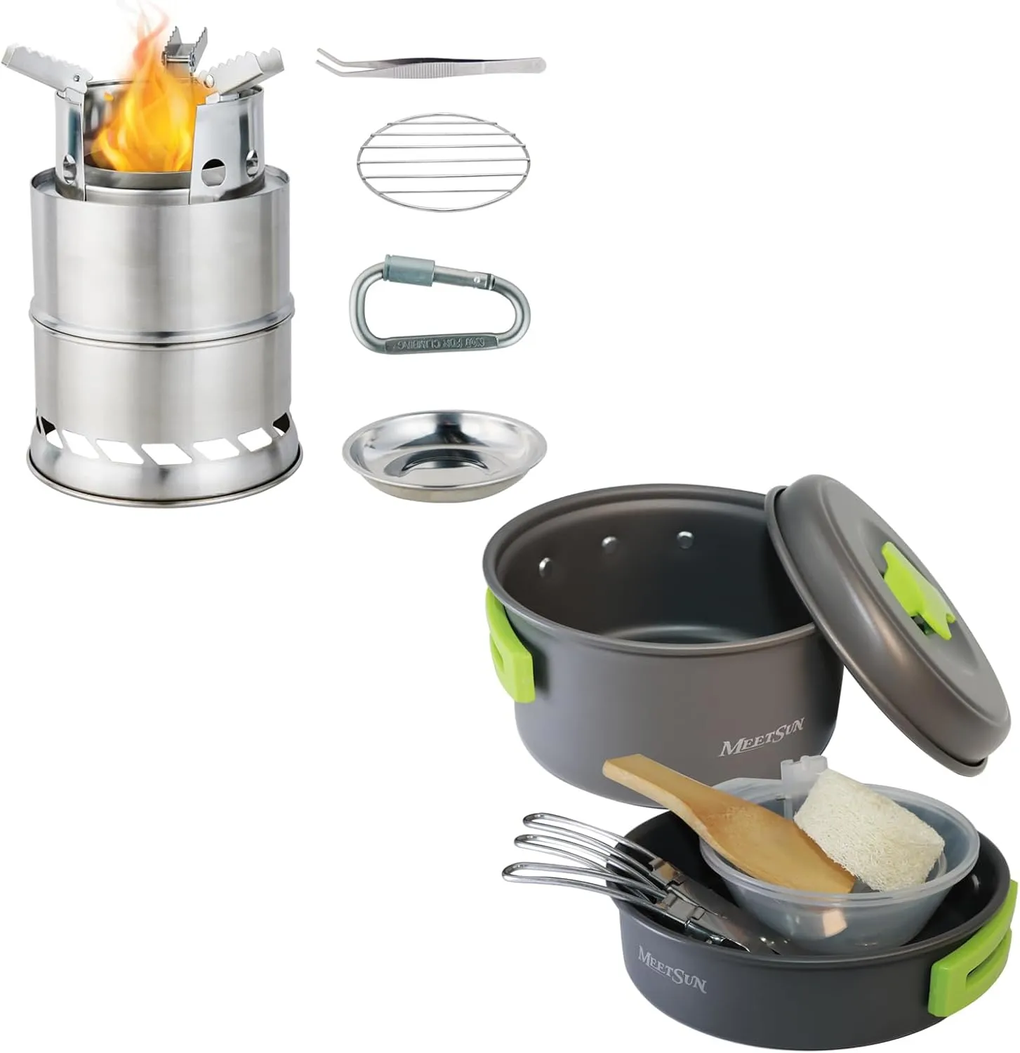 MEETSUN Mini Portable Wood Burning Stove with BBQ Grill,Foldable Stainless Steel Backpacking Stove and Mess Kit for Camping 1 Person with Pan and Pot