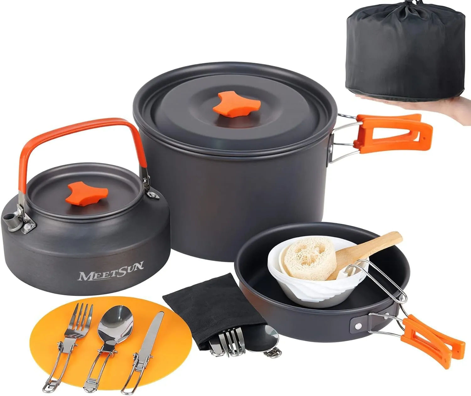 MEETSUN Portable Camping Pots and Pans Set,Aluminium Camping Cooking Set with Heat-Resistant Handles,Foldable Design,Quick-Clean Camping Cookware Set for Backpacking, Hiking,Survival,Emergency