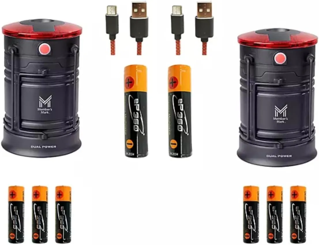 Member Mark 200 Lumens Dual Power 2PK LED Lantern, Rechargeable & AA Alkaline Batteries, USB-C Charging, 3 Retractable Handles, Magnetic Base