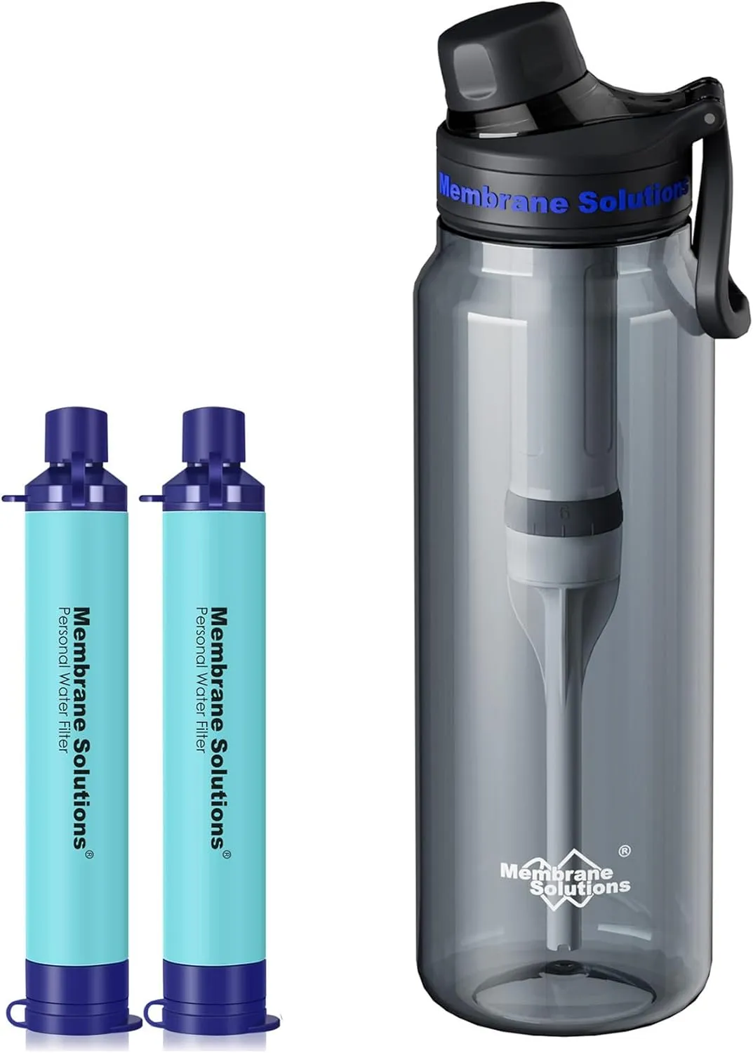 Membrane Solutions 36oz C3 ACFX2 Filtered Water Bottle with 2 Packs Outdoor Water Filter Straw