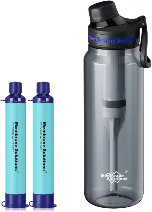 Membrane Solutions 36oz C3 ACFX2 Filtered Water Bottle with 2 Packs Outdoor Water Filter Straw