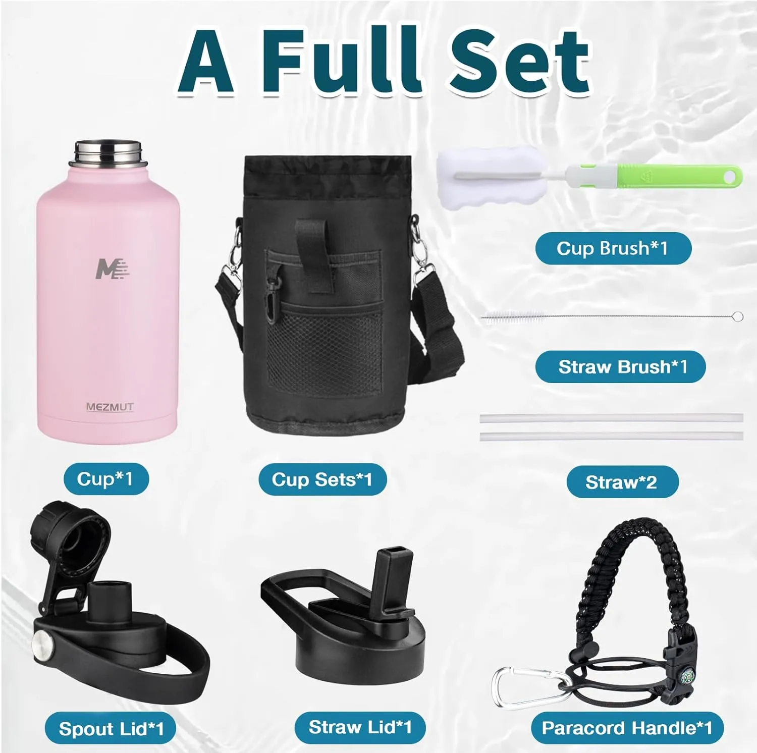 MEZMUT 64oz Insulated Water Bottle with Straw & Spout Lids,Stainless Steel Water Bottle with Paracord Handle,Carrying Bag,Double Vacuum 1.8L Metal Water Jug Thermal Flask Keep Cold 48h/Hot 24h