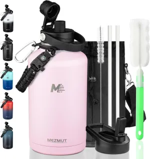 MEZMUT 64oz Insulated Water Bottle with Straw & Spout Lids,Stainless Steel Water Bottle with Paracord Handle,Carrying Bag,Double Vacuum 1.8L Metal Water Jug Thermal Flask Keep Cold 48h/Hot 24h