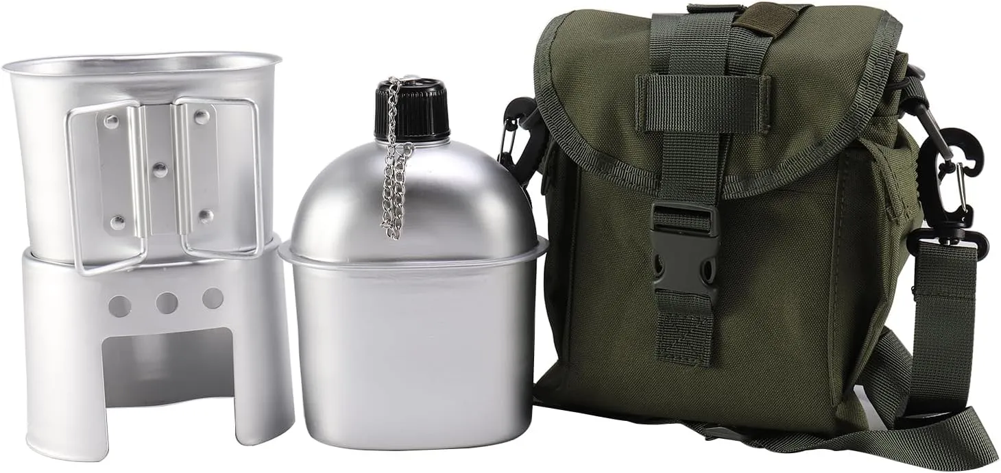 Military Canteen with Cup Stove and Molle Pouch Military Surplus Army Canteen for Outdoor Camping Hiking Surviving Backpacking