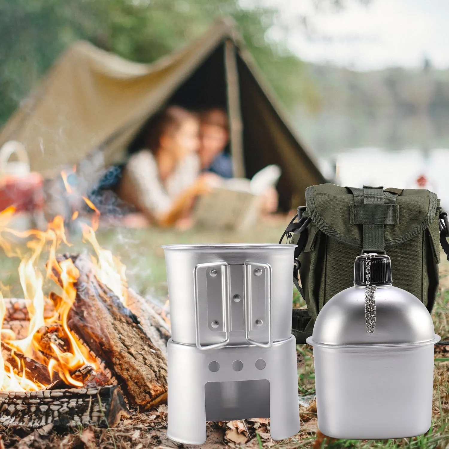 Military Canteen with Cup Stove and Molle Pouch Military Surplus Army Canteen for Outdoor Camping Hiking Surviving Backpacking