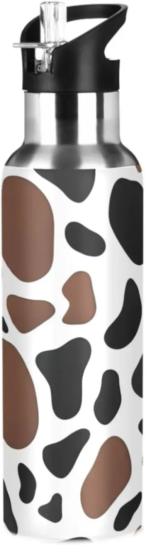 Milk Cow Pattern Sports Water Bottle with Straw, 22oz BPA Free Stainless Steel Vacuum Insulated Bottle for Gym Fitness Outdoor