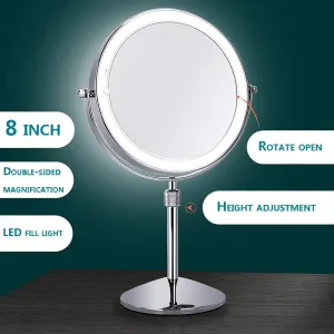Millan 8 Inch LED Lighted Height Adjustable Rechargeable Tabletop Makeup Mirror, Double Sided 1 and 10X Magnification, Millan MIL-ADJ-MIR, Chrome