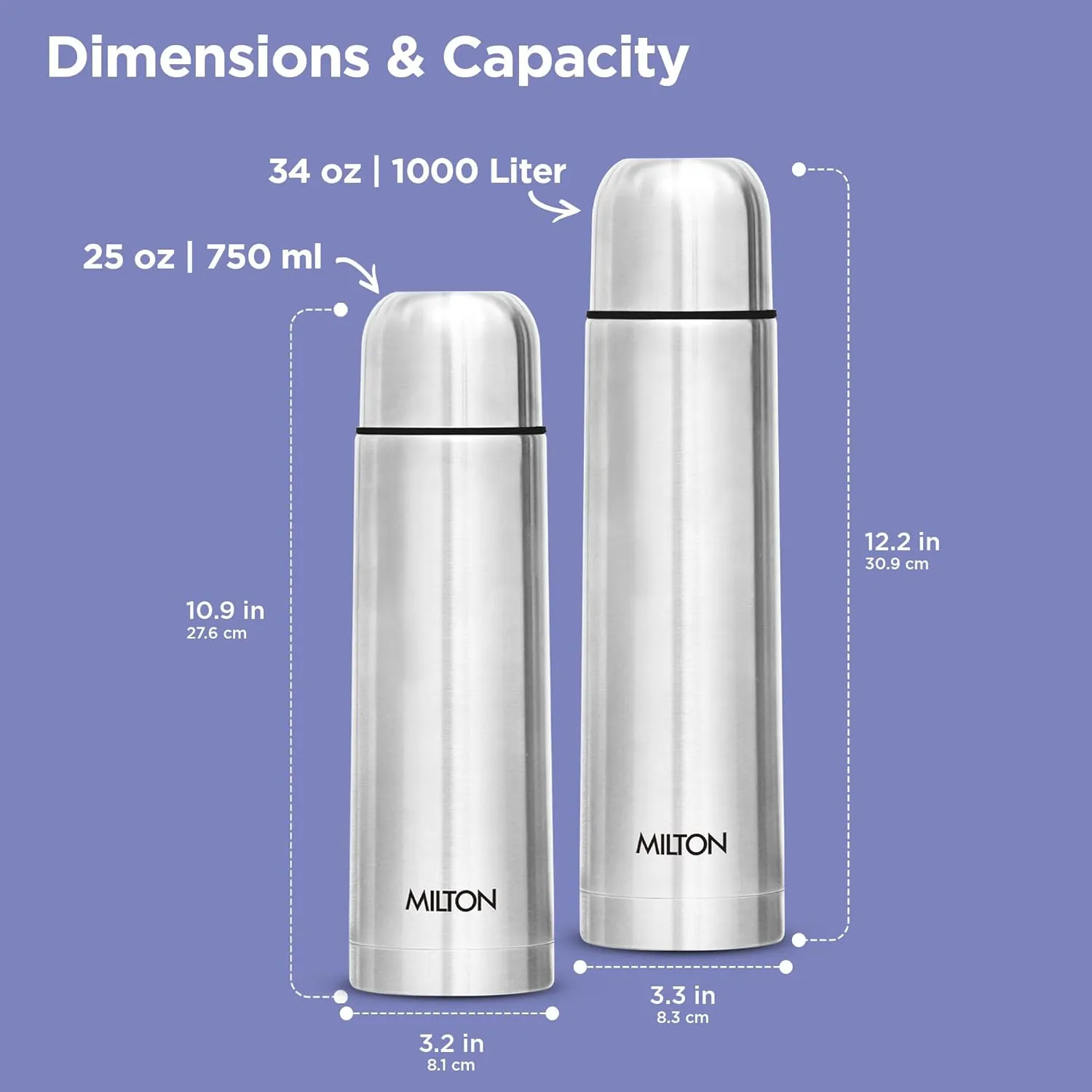 Milton Combo Vacuum Flask for Hot Drink (34 oz & 25 oz), Stainless Steel Double Walled Insulated Water Bottle for 24 Hour Hot and Cold drinks with cover, Thermosteel Flip Lid 1000 and 750 ml