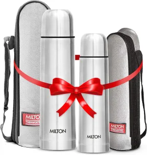 Milton Combo Vacuum Flask for Hot Drink (34 oz & 25 oz), Stainless Steel Double Walled Insulated Water Bottle for 24 Hour Hot and Cold drinks with cover, Thermosteel Flip Lid 1000 and 750 ml