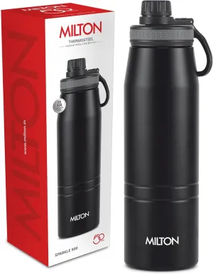 Milton Thermosteel Sparkle 900 Vacuum Insulated Thermos 925 ml Hot and Cold Stainless Steel Water Bottle BPA Free,Leak Proof Easy Sip Cap and Handle, On The Go Bottle for Office College Black