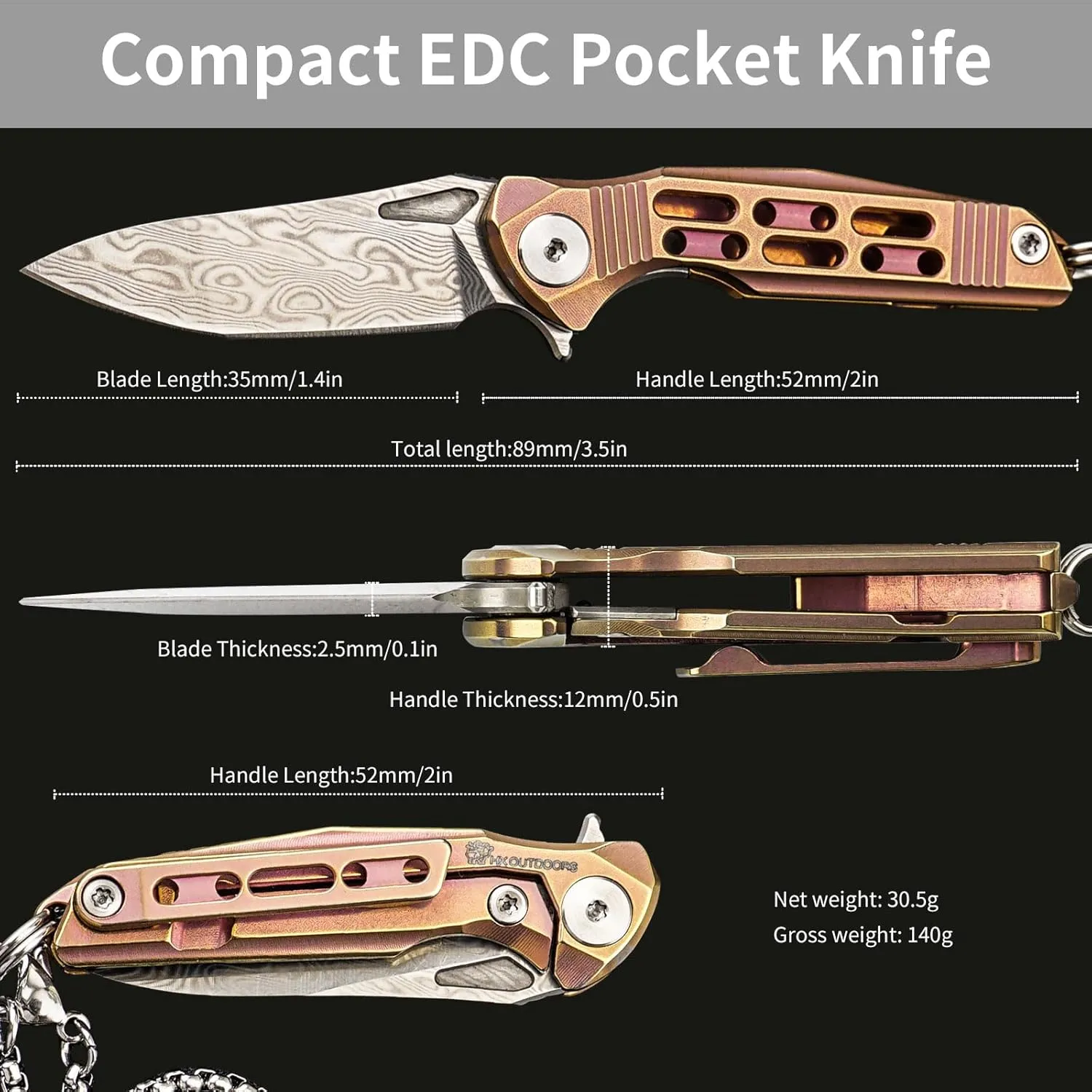 Mini Neck Knife, High End Damascus Steel Small Folding Pocket Knife with Non Slip Titanium Alloy Handle (Pink)