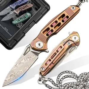 Mini Neck Knife, High End Damascus Steel Small Folding Pocket Knife with Non Slip Titanium Alloy Handle (Pink)