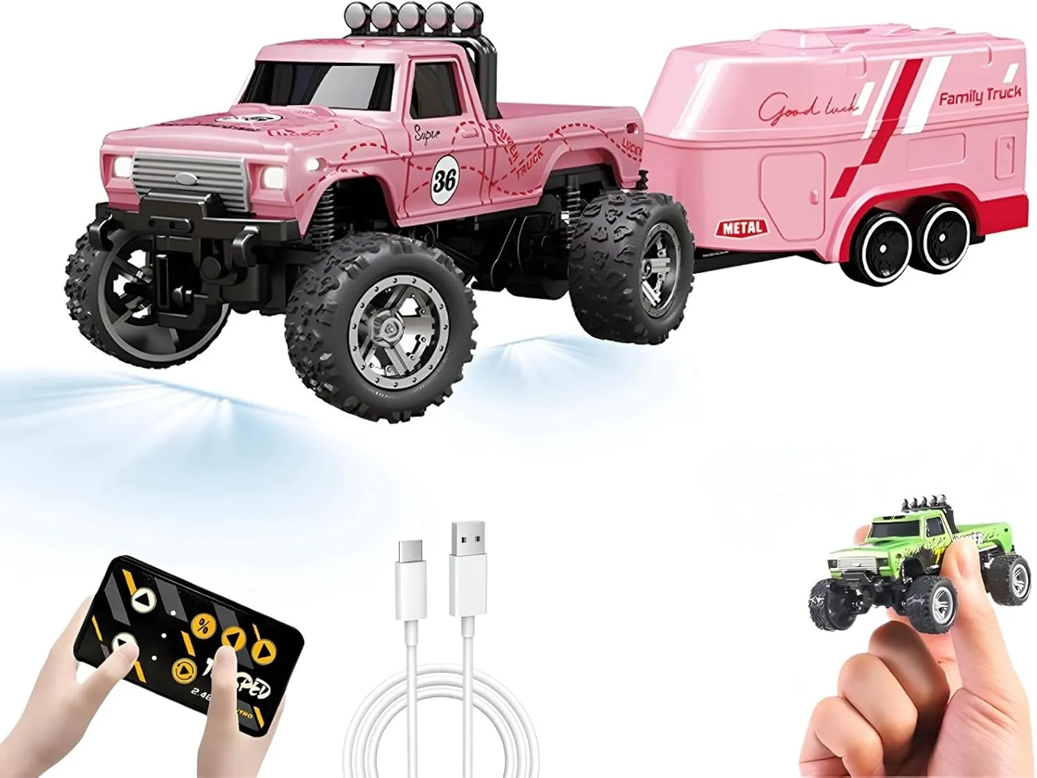 Mini RC Car, 1/64 Scale Mini Remote Control Monster Truck with Trailer, 2.4Ghz & APP Remote Control, Rechargeable Alloy Shell Mini RC Cars with Lights, Speed/Steering Adjustable (Pink)