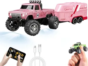 Mini RC Car, 1/64 Scale Mini Remote Control Monster Truck with Trailer, 2.4Ghz & APP Remote Control, Rechargeable Alloy Shell Mini RC Cars with Lights, Speed/Steering Adjustable (Pink)